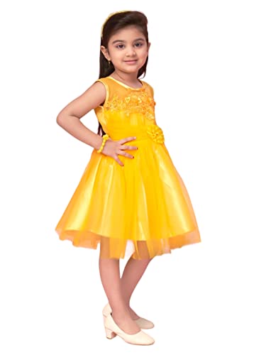 Image of Aarika Girls Yellow Colour Polyester Self Design Frock