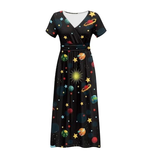 Image of Women's Fall Summer Short Sleeve Ankle Length V-Neck Party Dress with Pockets Size S-3XL