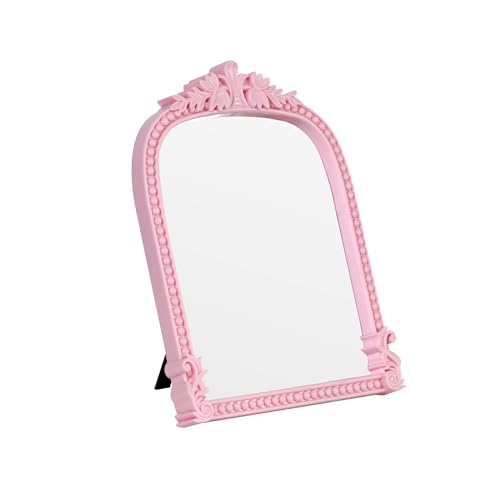 LuHeToz Pink Plastic Arched Makeup Mirror Standing Hanging or Wall Mount Bathroom Living Room Bedroom White and Decorative Mirror (Pink-10.6 x 8.6 inch)