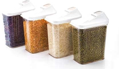 plenzo Kitchen Jar, Plastic Airtight Dispensing Container with Sliding Mouth, Storage Rack, Transparent, Home, Food, Grains, Pulses ~ 750ml [4pcs]