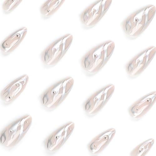 MISUD Press on Nails Medium Almond Fake Nails Glossy Glue on Nails Chrome Swirl Acrylic Nails Stiletto Silver Aurora Artificial Nails 3D Pearl Flash False Nails with Design 24 pcs - Image 6