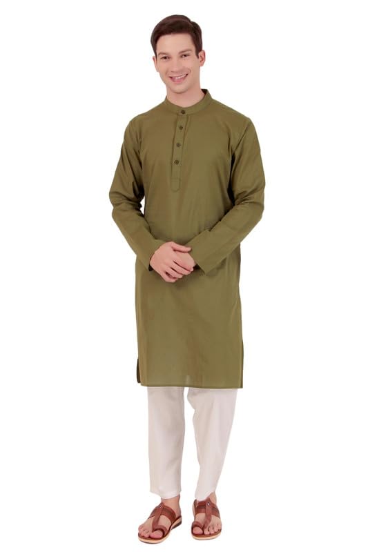 Curiozz Kurta Pajama Band Collar Mens Cotton Indian Casual Yoga Henley Shirt Pant Set Color Olive-XXL