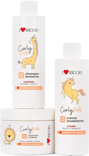 I Love Riccio Kit Curly Kids Per Capelli Ricci Bambini Con Shampoo Idratante 250 Ml, Maschera Nutriente 250 Ml E Crema Modellante 250 Ml, Formula Deli