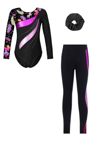 Raenseen Traje De Gimnasia Impreso De Manga Larga Para Niñas Unitalla De Baile De Ballet Con Leggings Medias Y Set De Moño Negro y rosa 11-12 años
