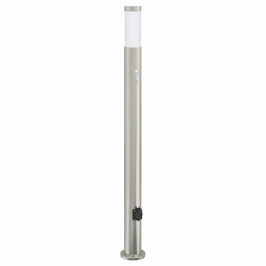 Lampada a colonna con sensore e presa, 110 cm, in acciaio inox, IP44, illuminazione esterna da giardino, con sensore di movimento PIR, resistente alle intemperie, attacco E27, argento, per