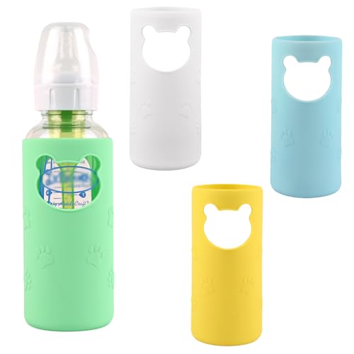 Image of 4 Pack Silicone Sleeves for Dr Brown's Glass Baby Bottles, Anti Breakage Baby Bottle Holder, Compatible Dr. Brown's Natural Narrow Glass Baby Bottles 8 oz, BPA Free (White+Blue+Green+Yellow)