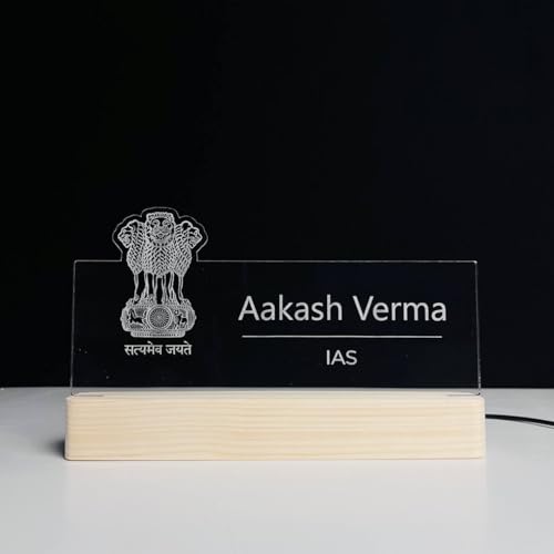 Image of WOWOOD Personalized LED Desk Name Plate for IAS Officer Custom Acrylic Name Sign with Satyamev Jayate Emblem Office Table Decor Light, Civil Services Gift for Men Women (10 x 6 inch) (For IAS Officer)