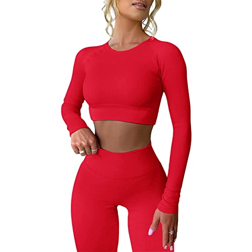 MAYROUND Workout Outfits für Frauen 2 Stück Gerippte Langarm Crop Top mit...