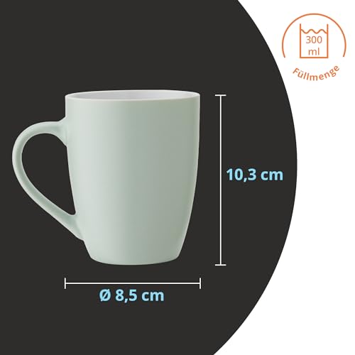 for friends 6 Stück Kaffeebecher 300ml aus hochwertigem Steinzeug, Kaffeetasse in mintgrün, Kaffeebecher mit Henkel, Spülmaschinen- & Mikrowellengeeignet