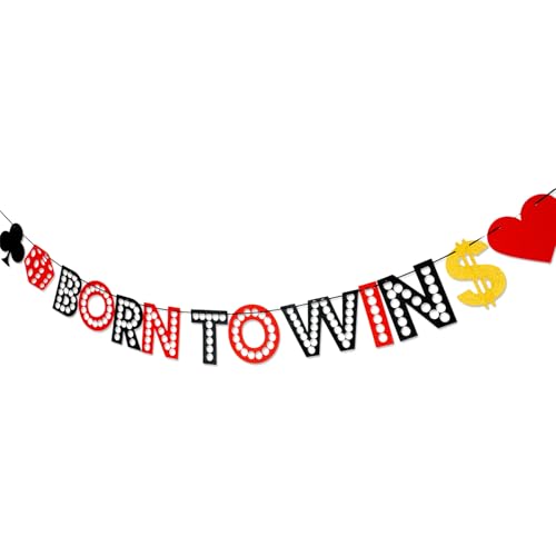 Glitter Born To Win Casino Banner, Poker Casino Themed Birthday Bachelorette Party Decorations with Playing Cards, Dice for Casino Night, Poker Party, Bunco night, Las Vegas Party supplies