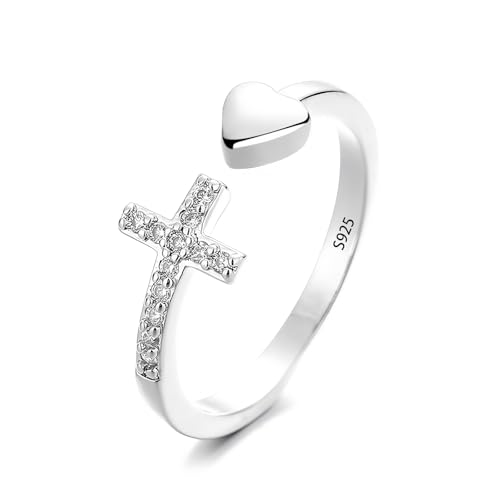 Epoch World Anillo de Plata de Ley 925 para Mujer Anillos Abierto Ajustable Cruz Anillo Plata Corazón de Circonita Cúbica Anillos de Promesa de Compromiso