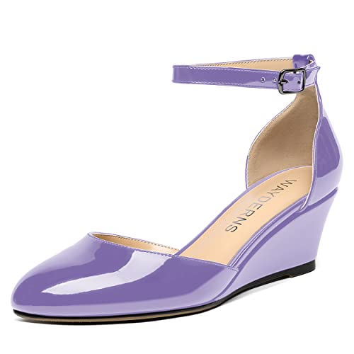 WAYDERNS Women's Round Toe Cut Out Buckle Ankle Strap Patent Wedge Low Heel Pumps Shoes 2 Inch