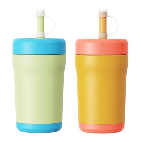 Sursip Toddler Kids Insulated Tumbler with Straw and Lid, 12 oz Vacuum Stainless Steel Sippy Cup Spill Proof with Transparent Visible Lid, BPA Free & Dishwasher Safe - Orange&Bluegreen