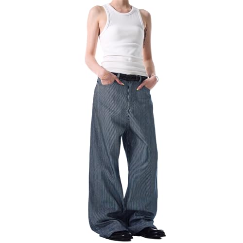 GUOYUXIAO Men's Jeans Retro Minimalist Stripe Casual Denim Pants Wide-Leg Straight-Leg Trouser for Men2
