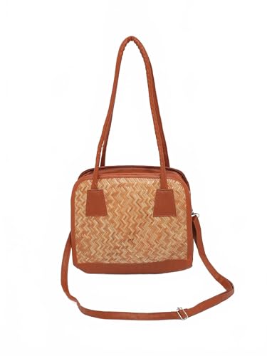 Exotic India Convertible Bamboo Shoulder Bag Handcrafted Woven Design with Leather Trim Sustainable Handbag for Women's