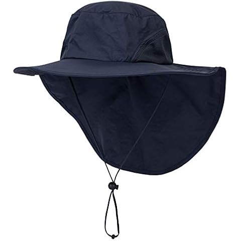 Decentron Mens Womens UV Protection Sun Hat Wide Brim Mesh Fishing Hats with Neck Cover Adjustable Navy Blue Cover