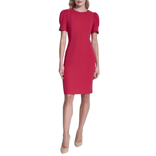 Image of DKNY Women's Short Puff Sleeve Knee Length Sheath Dress with Exposed Back Zipper