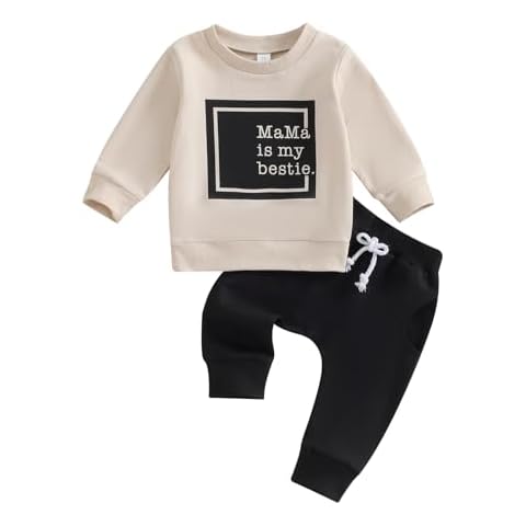 Toddler Baby Girl Clothes Long Sleeve Letter Print Sweatshirt and Stretch Jogger Pants Newborn Fall Winter Outfit (Mama is My Bestie Apricot Black, 6-12 Months) Cover