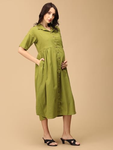 Image of The Mom Store Maternity & Nursing Midi Dress for Women | Pregnancy & Postpartum Wear | Cotton Flex Dress for New Mom | Trendy Stylish Comfortable Feeding Dress for Womens | Causal Office Formal Wear