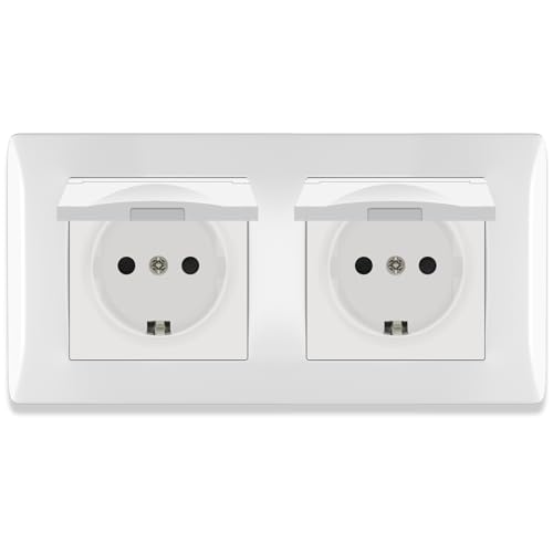 BSEED Steckdose mit wasserdichter Abdeckung, Unterputz Doppelsteckdose mit Steckklemme, 2 Fach Steckdose Unterputz mit PC Rahmen, Doppel Wandsteckdose 16Amp Weiß - 152 mm