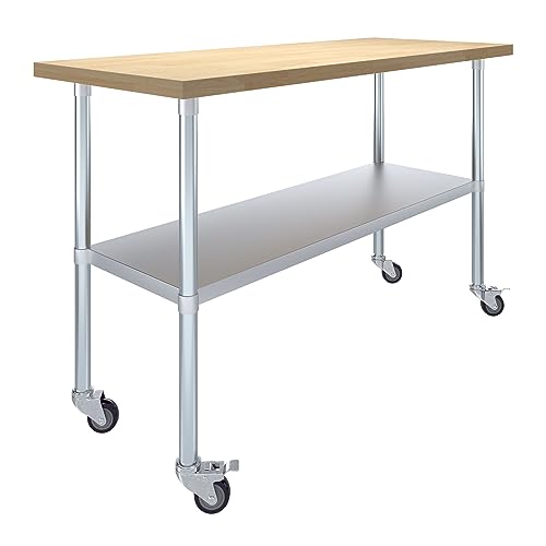 AmGood 24" x 60" Maple Wood Top Work Table with Adjustable Undershelf and Wheels