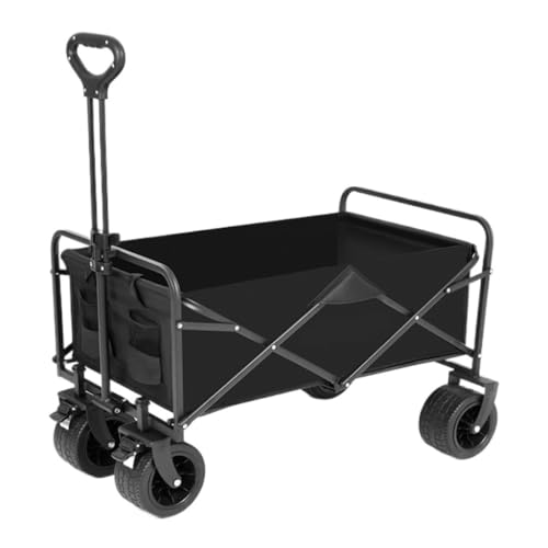 Carrito de playa plegable portátil para camping, remolque ligero al aire libre con mango fácil de tirar, diseño negro compacto para transporte de arena y equipo