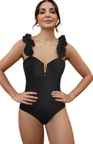 SPORLIKE One Piece Swimsuit Women Ruffle Adjustable Straps Bathing Suit Padded Swimwear