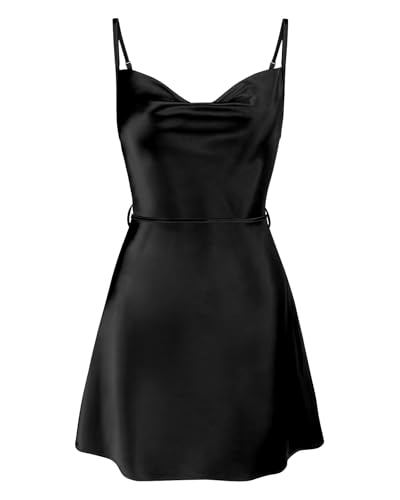 Image of Women's Satin Mini Dress Spaghetti Strap Sleeveless Cowl Neck Tie Waist Silky Cocktail Party Short Dresses
