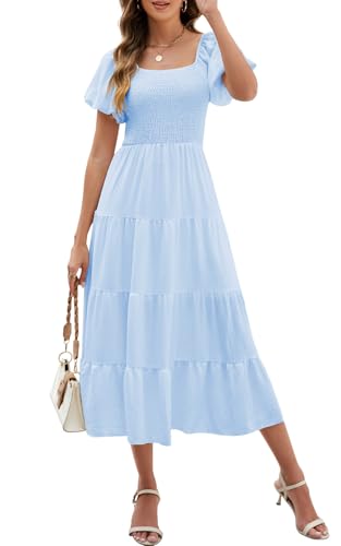 Wantonfy Sommarklänning dam långa fritidsklänningar v-ringad strandklänning casual omlottklänning strandklänning med fickor, blå, L