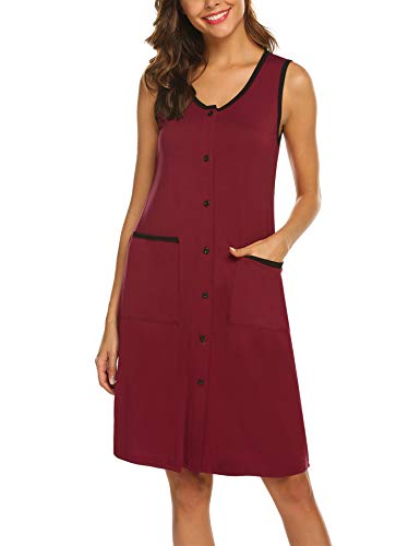 Ekouaer Sleep Dress Women’s Sleeveless Sleep Shirts Knee Length Nightgown Robe (Wine Red,S)