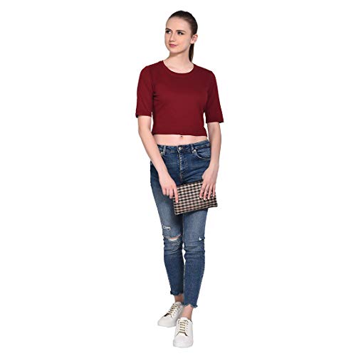 Image of Geum Women's Cotton Round Neck Half Sleeve Maroon Crop Top (Maroon, Large)
