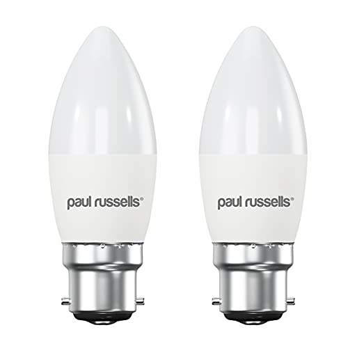 paul russells LED Light Bayonet Cap B22, 60watt Equivalent, 6.5W 806LM LED Bulbs, 4000K Natural Cool White, Frosted C35 BC Candle Energy Saving Non-Dimmable Chandelier Lightbulbs, Pack of 2