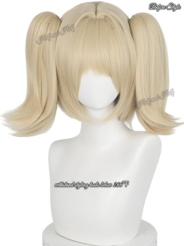 Image of Half and Half Short Blonde Anime Ponytail Cosplay Wig with Bangs Blonde Lolita Costume Twin Tails Wigs Light Golden Pigtail Wig for Women Halloween Party