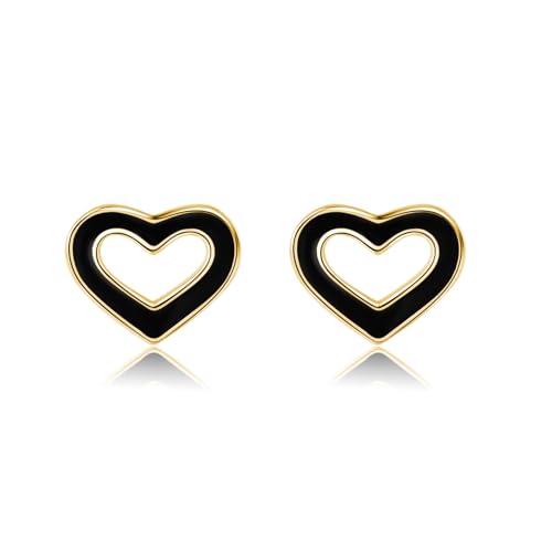 Reffeer Solid 925 Sterling Silver Black Heart Stud Earrings for Women Teen Girls Cute Heart Stud Earrings