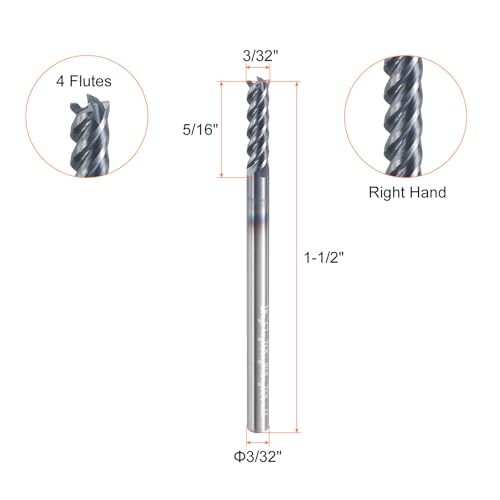 Image of HARFINGTON 5pcs Carbide Square Nose End Mill Bit 3 /32 inch Cut Dia 4 Flutes TiAlN Coated Milling Cutter for Hardened Steel Metal (3 /32 inch Shank 5 /16 inch Cut Length 1-1 /2 inch Long 45 Degree HRC53-55)