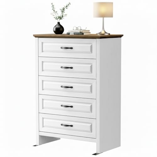 Marsail Farmhouse 5 Drawer Dresser, Wood Chest of Drawers with Natural Texture, Smooth Gliding Drawers, Versatile Storage Organizer Cabinet for Bedroom & Living Room, White and Brown