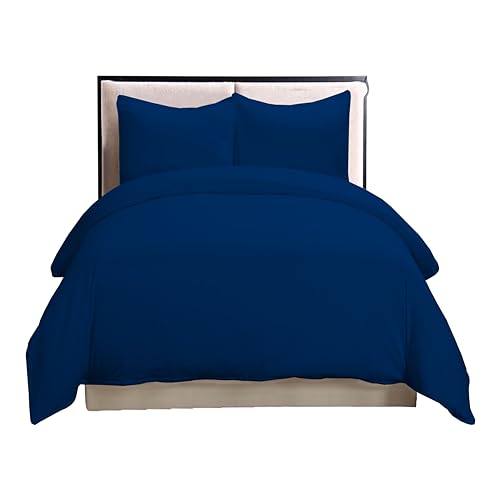 British Home Bedding - Parure de lit unie en percale de coton mélangé avec 2 taies d'oreiller (bleu marine, double)