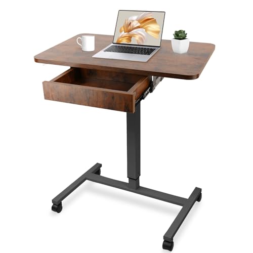 Image of CLATINA Mobile Laptop Standing Desk Adjustable Height, Computer Desk Teacher Podium with Lockable Wheels, Work Table with Drawer, Portable Rolling Side Table Bed Desks for Home Office Classroom, White
