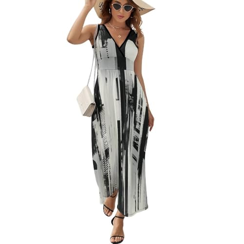 Robe longue femme été sans manche imprimé peinture à l'huile pour plage et vacances