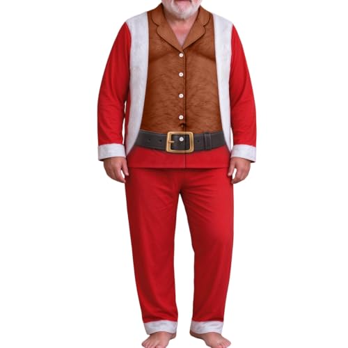 Mens Christmas Pajamas Set Funny 3D Fake Chest Santa Button Down Loungewear - image 2