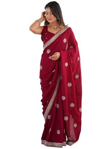 Image of AKHILAM Women's Maroon Vichitra Silk Embroidered Sequins Work Saree With Unstitched Blouse Piece (KRIYNS6101 KH)