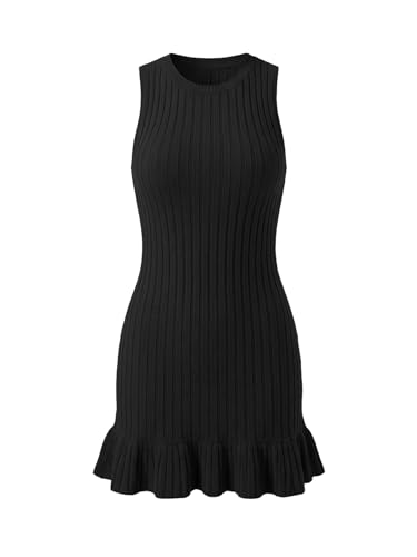 STOLKISS Women Summer Tank Dresses Sleeveless Crew Neck Basic Bodycon Mini Dress Casual Ribbed Knit with Ruffle Hem Sexy 2026 Black — view 5