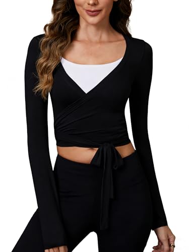 Womens Pilates Wrap Tops V-Neck Cross Tie Long Sleeve Shirt for Ballet Dance Yoga Workout (Black S)