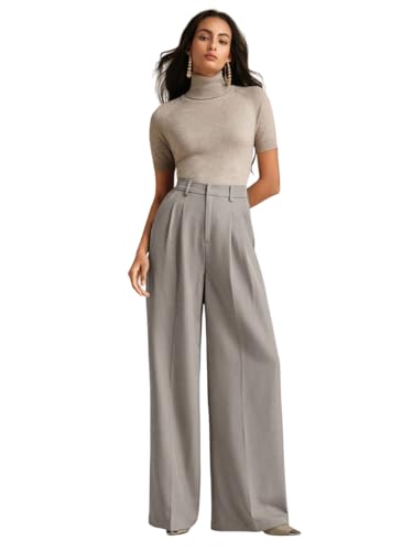 Image of KOTTY Women's High Waist Solid Color Hook and Bar Wide Leg Trousers Loose Comfort Trouser with Pockets