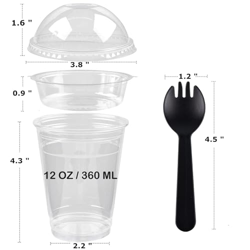 Zezzxu 50 Pack 12 oz Disposable Parfait Cups with Dome Lids No Hole, Toppings Compartment and Spork, Yogurt Conatiner with Granola Holder for Take Away Breakfast and Snacks, No Leaking