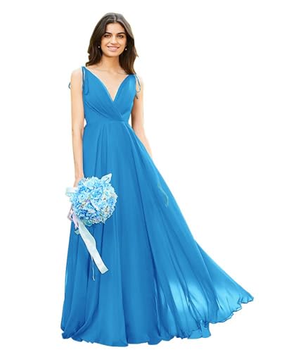 Image of HSFIYAKJ Bridesmaid Dresses Long Chiffon Formal Dress Open Back V Neck Evening Prom Gown for Women with Pockets