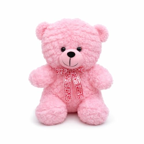 Image of Pink Teddy Bear, 25 cm Soft Plush Stuffed Animal with Decorative Bow, Cuddly Toy for Babies and Kids Pink Colour