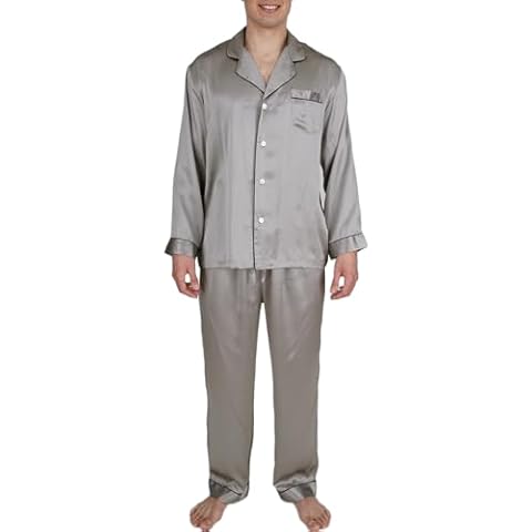 OSCAR ROSSA Men's Luxury Silk Sleepwear 100% Mulberry Silk Pajamas Set, Solid Silver Grey, M Cover