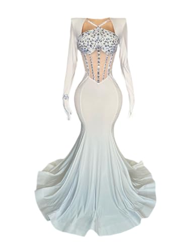 White Satin Crystals Mermaid Prom Evening Wedding Party Dress Celebrity Pageant Wedding Guest Gown Bridal Gown