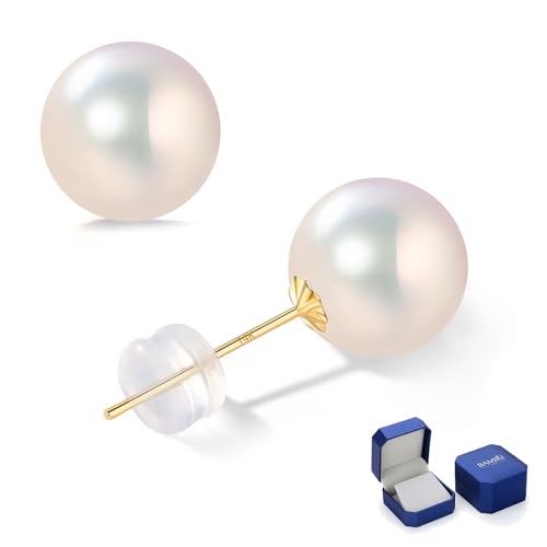 14K Solid Gold Earrings with Akoya Cultured Pearl Studs, Classic Round Blue/Golden/White Pearl, Hypoallergenic for Sensitive Ears, Jewelry Gifts for Women